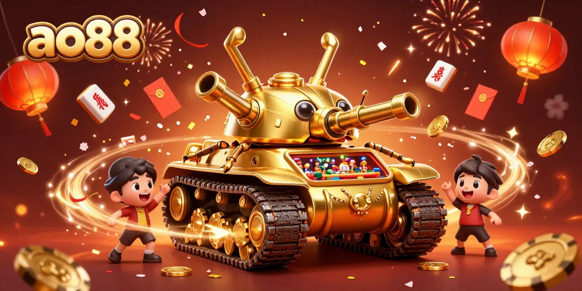 Experience festive gaming adventures with ao88 in an ultra-detailed 3D casino illustration featuring a vibrant beetle tank.