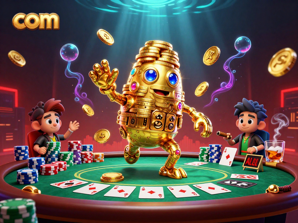 Experience thrilling casino action with com as a golden golem and poker table come alive in vibrant 3D art.