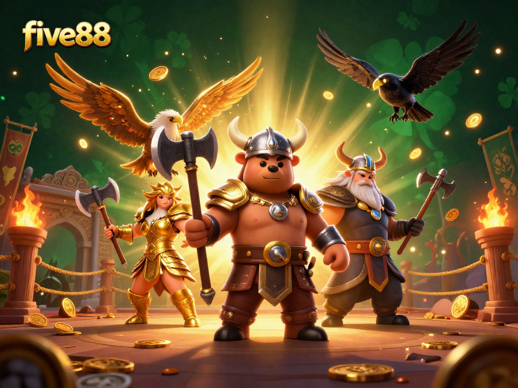 Engage with five88's thrilling casino experience featuring a Viking bear, Valkyrie eagle, and gold coins amidst dynamic game elements.