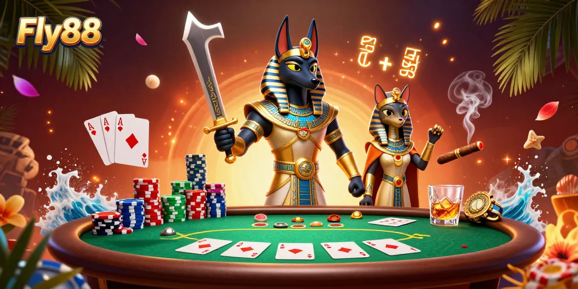 Fly88 engages players with a vibrant poker scene featuring Anubis and Bastet in a richly detailed casino.