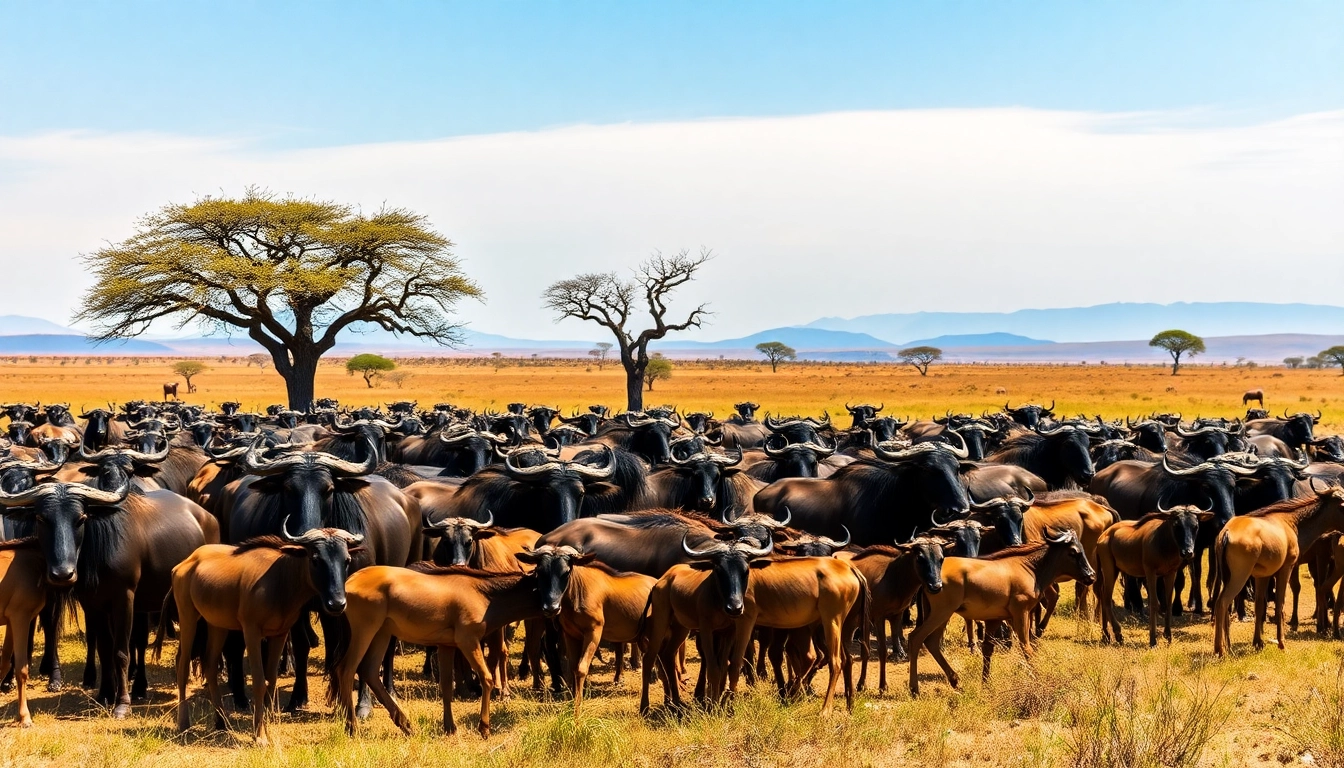 Observe the vibrant Wildebeest Calving season safari with mothers and calves in a stunning Serengeti landscape.
