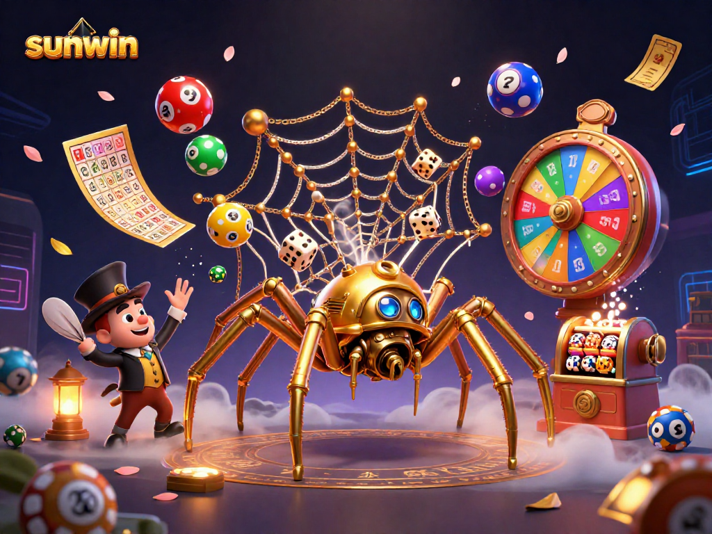 Engage with sunwin's vibrant lottery excitement featuring a steampunk spider and dynamic game elements.