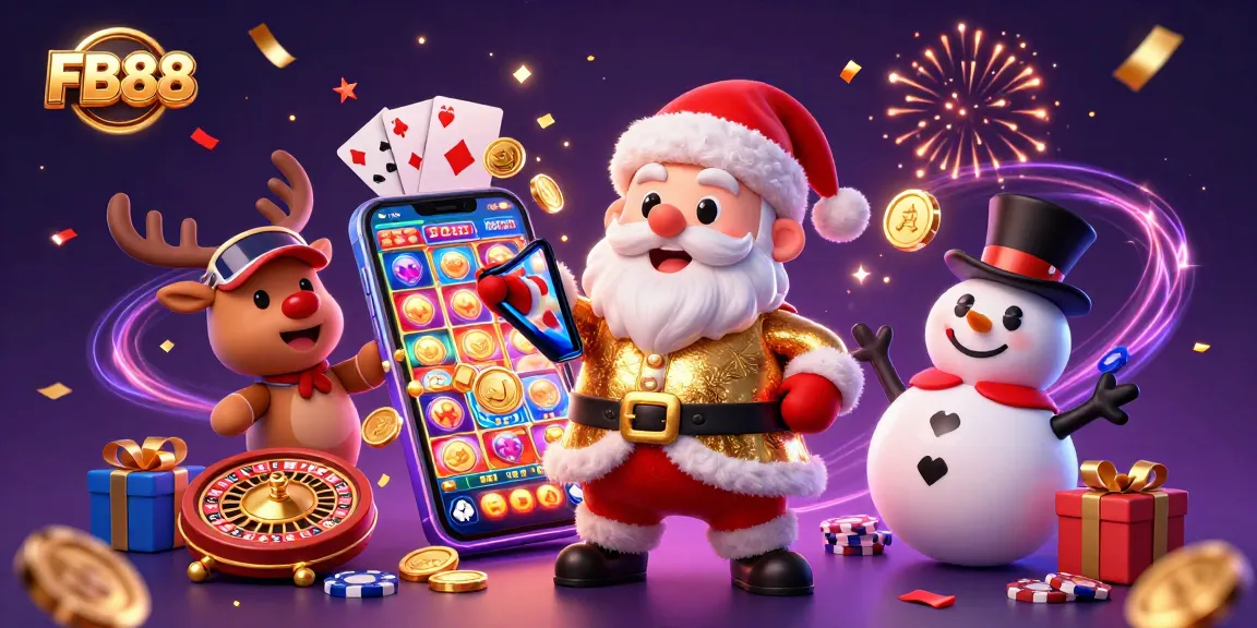 FB88 brings excitement with Santa, reindeer, and snowman in a lively 3D casino scene.