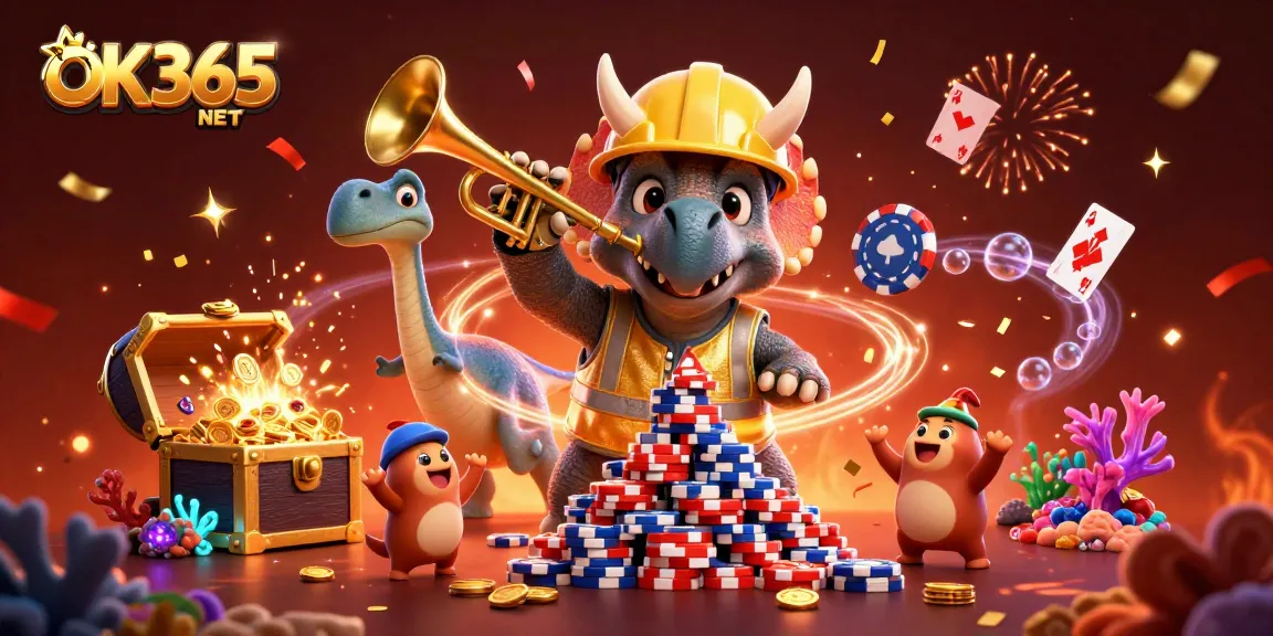 Engage in thrilling gameplay with OK365 NET as a triceratops builds poker chip pyramids in a lively casino scene.