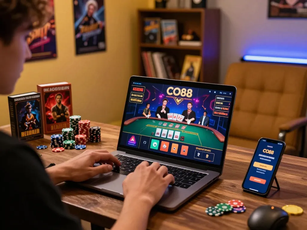 Player immersed in CO88 online gaming session using laptop, vibrant decor, showing live dealer interaction.