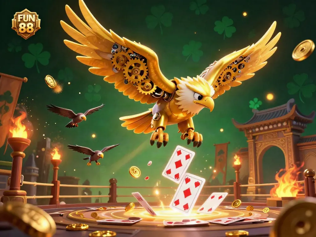 Experience the thrill of FUN 88 with a dynamic 3D casino scene featuring a golden eagle amidst holographic cards, embodying excitement.