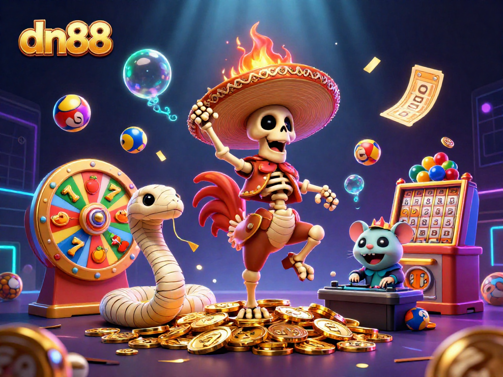 The dn88 casino scene features a dynamic victory dance, lottery balls, and slot reels creating vivid excitement.