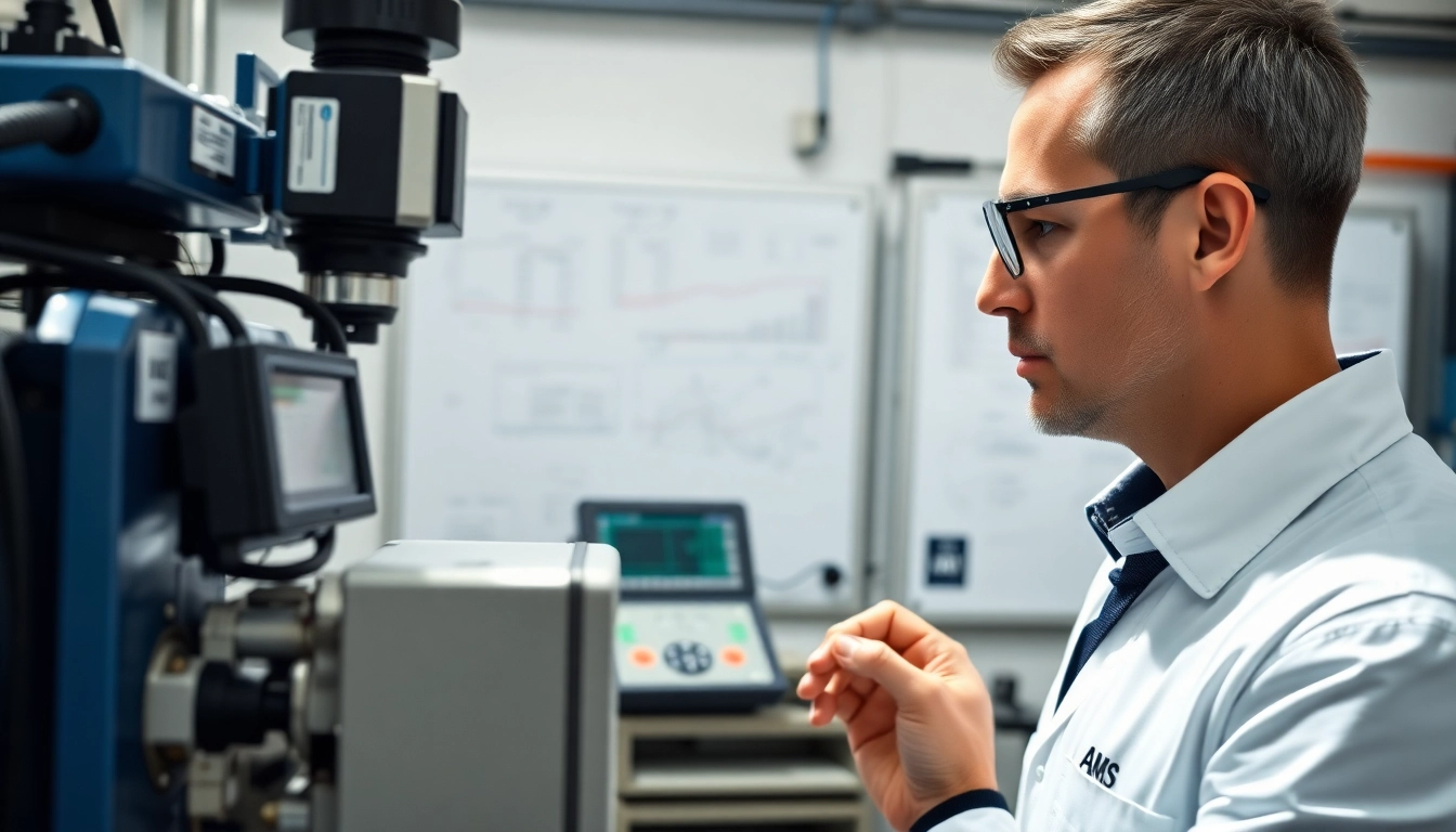 Engineer measuring vibration control performance with high-tech equipment in a lab.