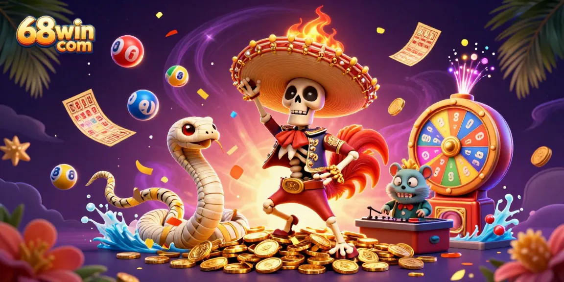 Immerse in 68win com's vibrant casino adventure with colorful lottery balls and golden treasures