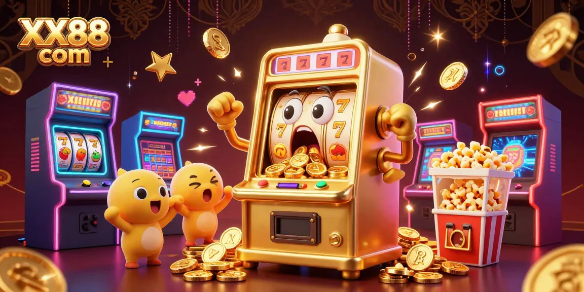Experience big wins at XX88 com with a vibrant scene of a golden slot machine hitting a jackpot.