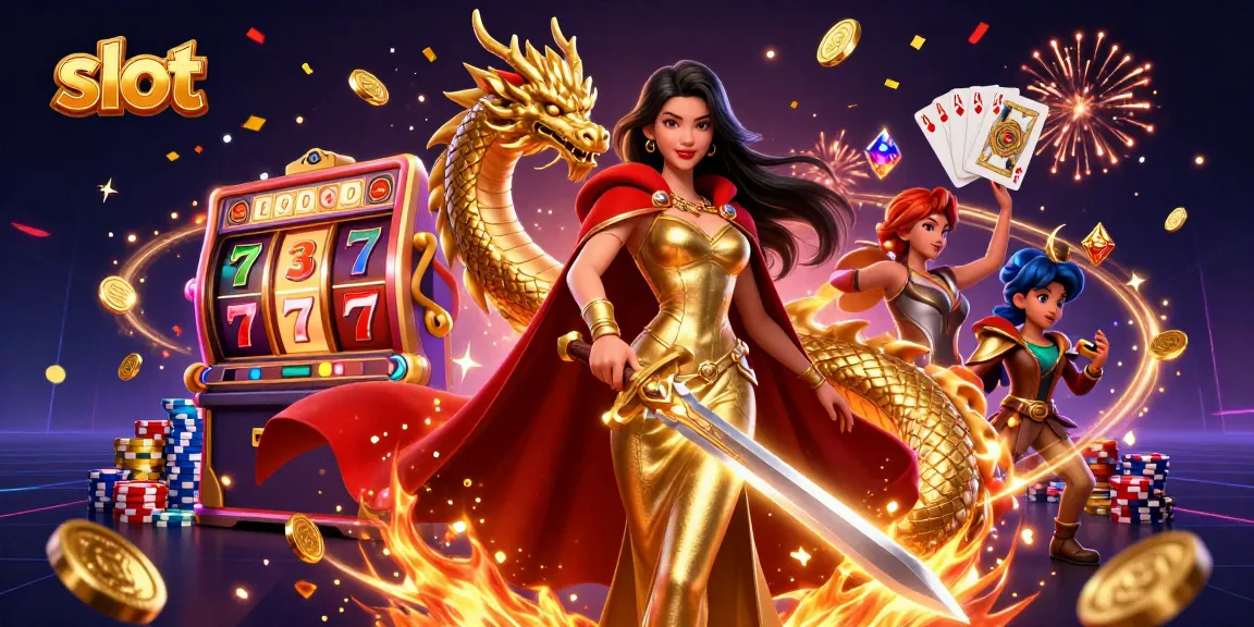 Spin the reels on a vibrant slot machine alongside a stunning warrior queen in a casino realm.