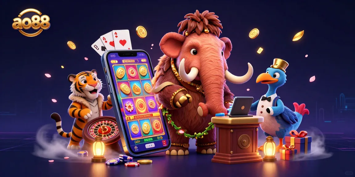Experience the excitement of ao88 with a 3D illustration featuring unique casino characters and dynamic gaming elements.