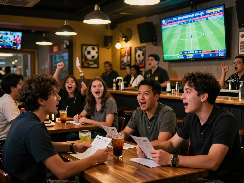 Fans engaging in kèo bóng đá betting at a lively sports bar, showcasing excitement and live match action.