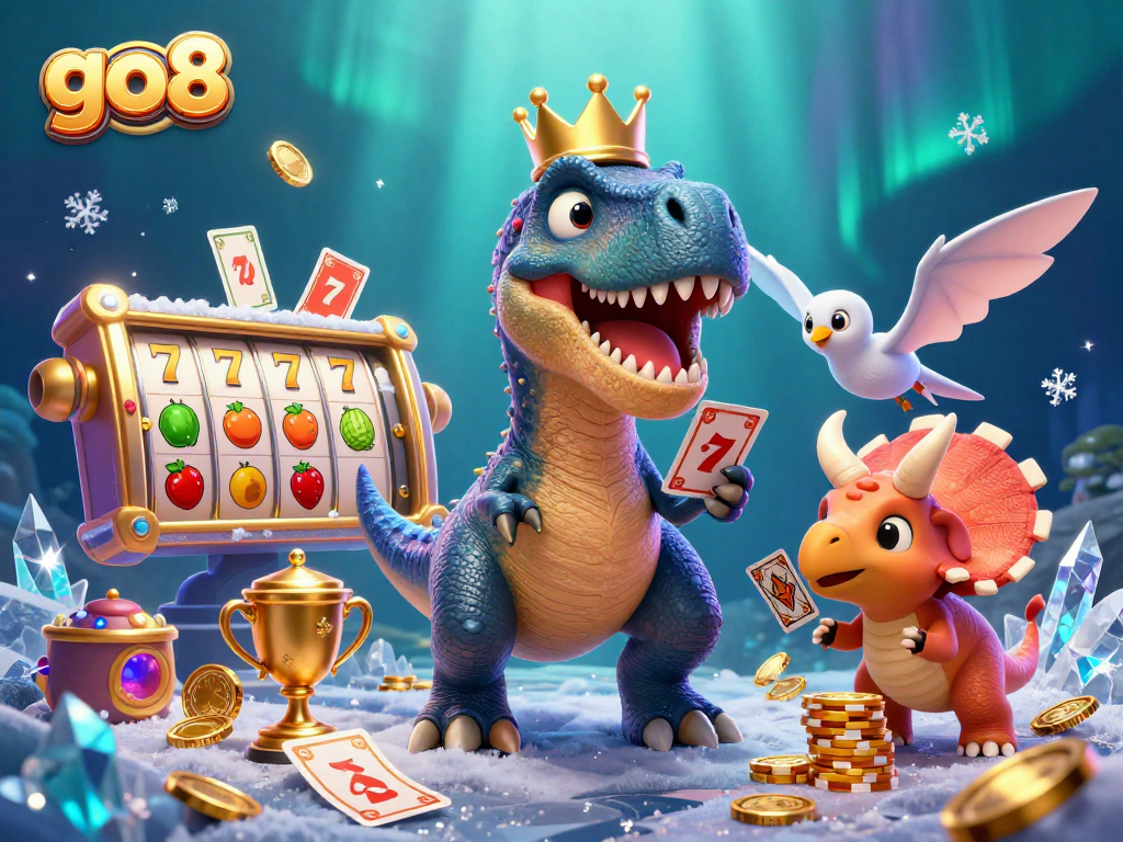 Experience thrilling gameplay at go8 with a T-Rex dealing cards in a vibrant casino scene.
