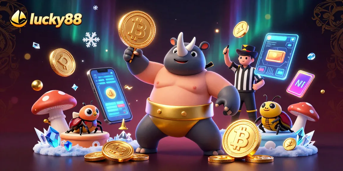 Experience thrilling luck at lucky88 with a 3D cartoon sumo champion beetle in an exciting casino scene.