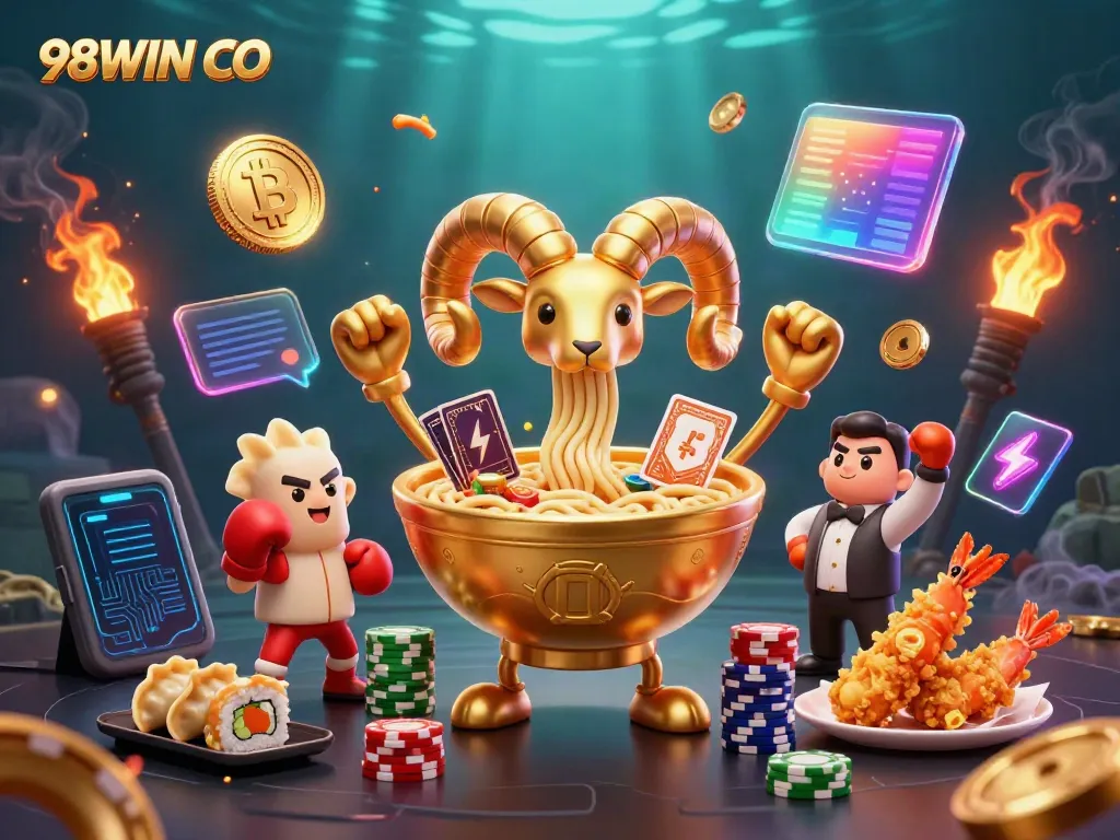 Engage with the vibrant scene of 98WIN CO, featuring casino-themed characters and crypto elements in action.