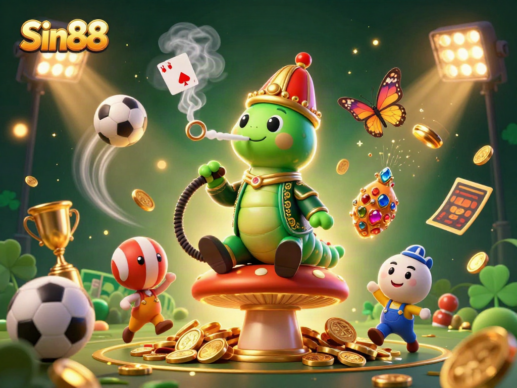 Sin88 casino scene with a vibrant caterpillar master and dynamic sports elements showcasing thrilling betting activities.