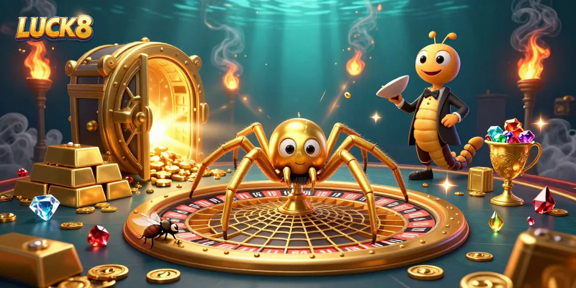 Experience LUCK8's thrilling casino atmosphere with a golden roulette web and lively characters.
