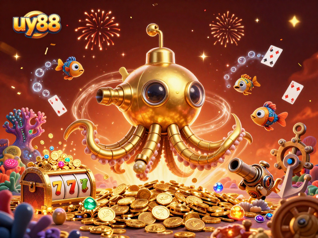 Spin the reels into excitement with uy88's golden kraken submarine illustration amidst treasures.