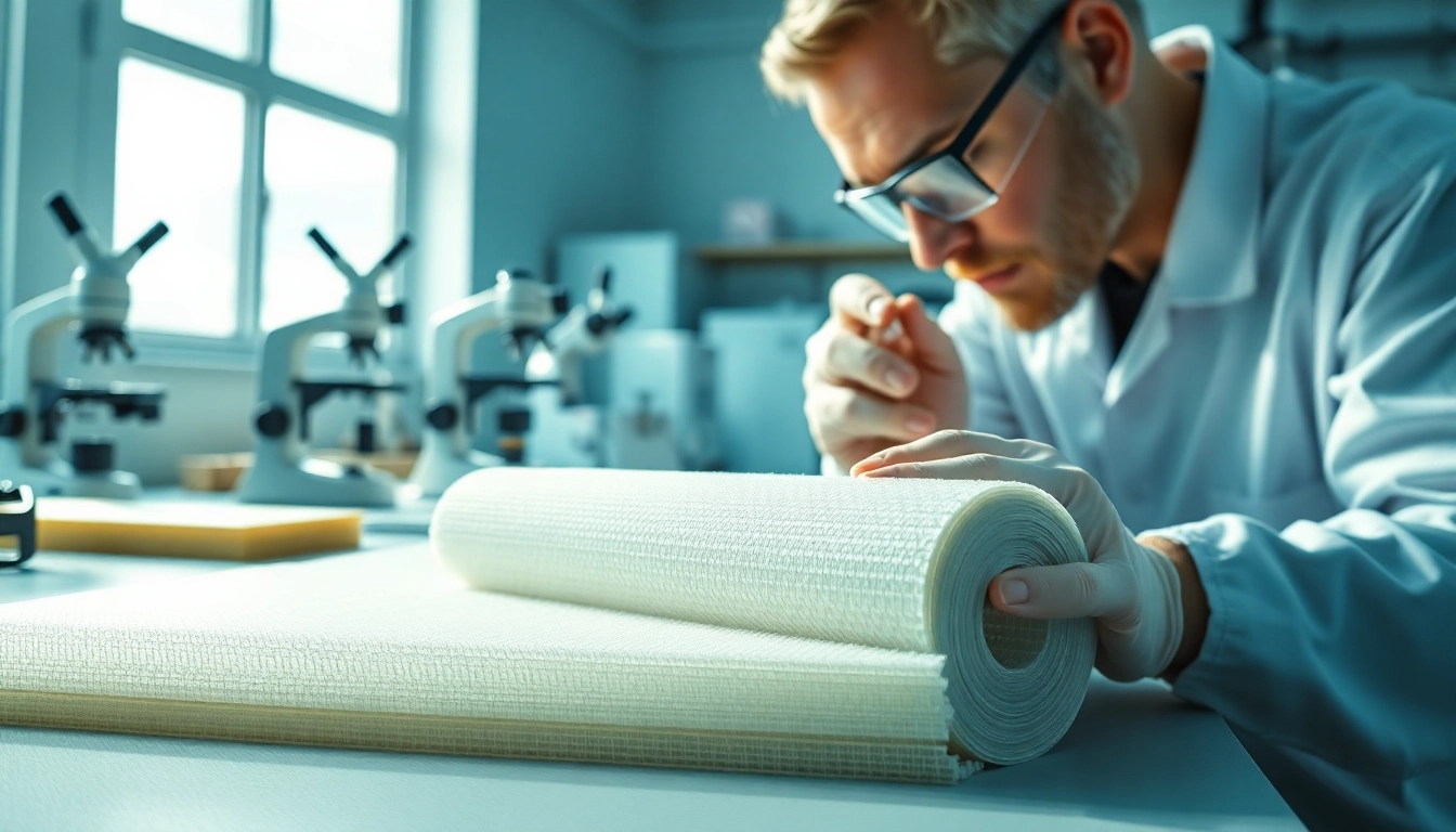 Skilled technician assessing chopped strand mat supplier materials in a professional laboratory setting.