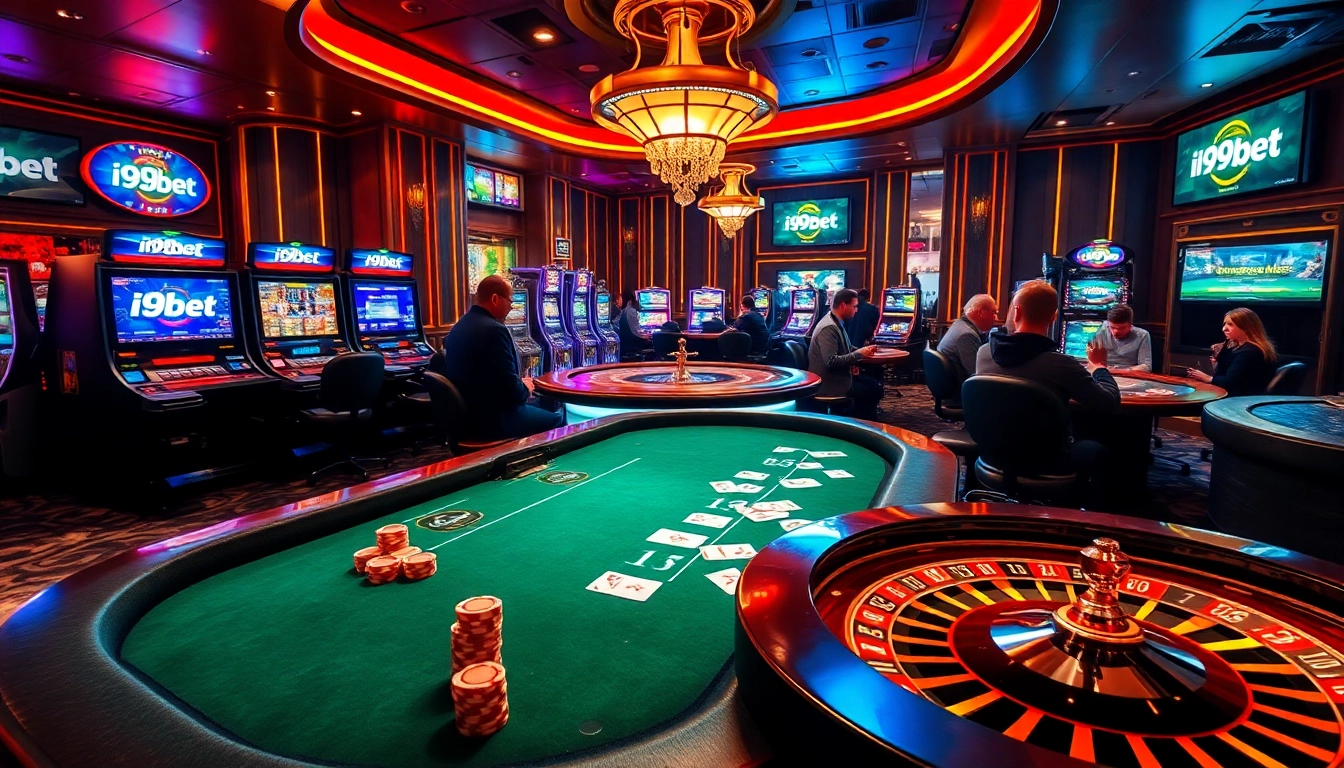 Players enjoying a thrilling game at i9bet's luxurious casino, showcasing poker and roulette excitement.