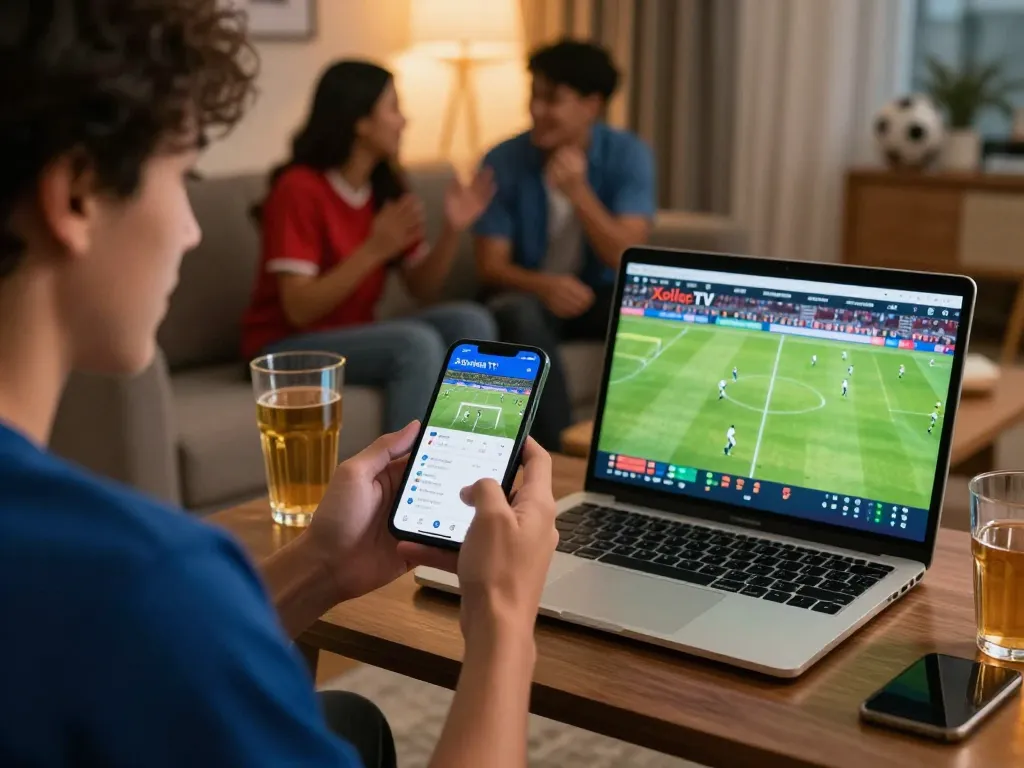 Cheerful fan watching Xoilac live football stream, engaging in sports betting during a home gathering.