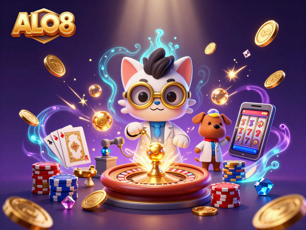 Experience the excitement of ALO8 with a dynamic casino scene featuring a mad scientist cat and dog among flying coins.