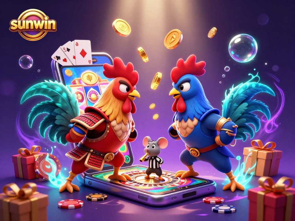 Experience victory with sunwin in this vibrant 3D casino illustration featuring dynamic roosters and gaming excitement.