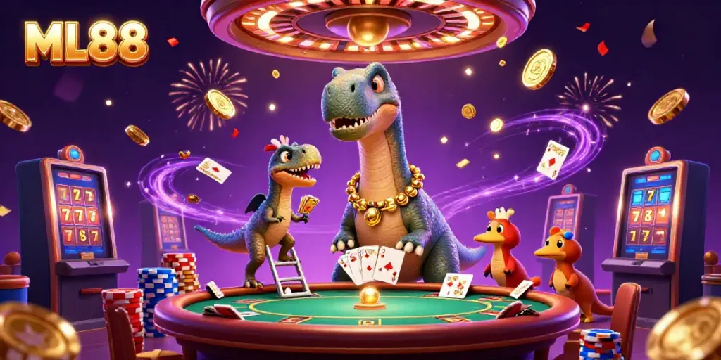 Experience the excitement of ML88 with a whimsical casino scene featuring a giant brontosaurus!