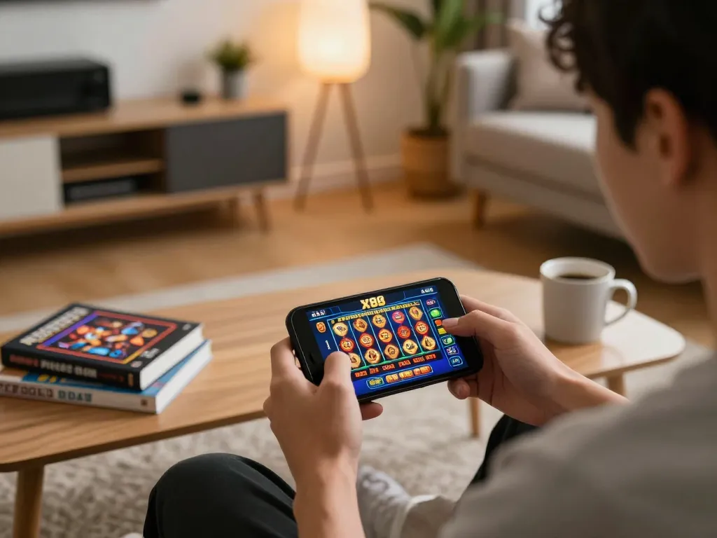 X88 app on smartphone showcasing thrilling live casino game experience in a cozy gaming setup.