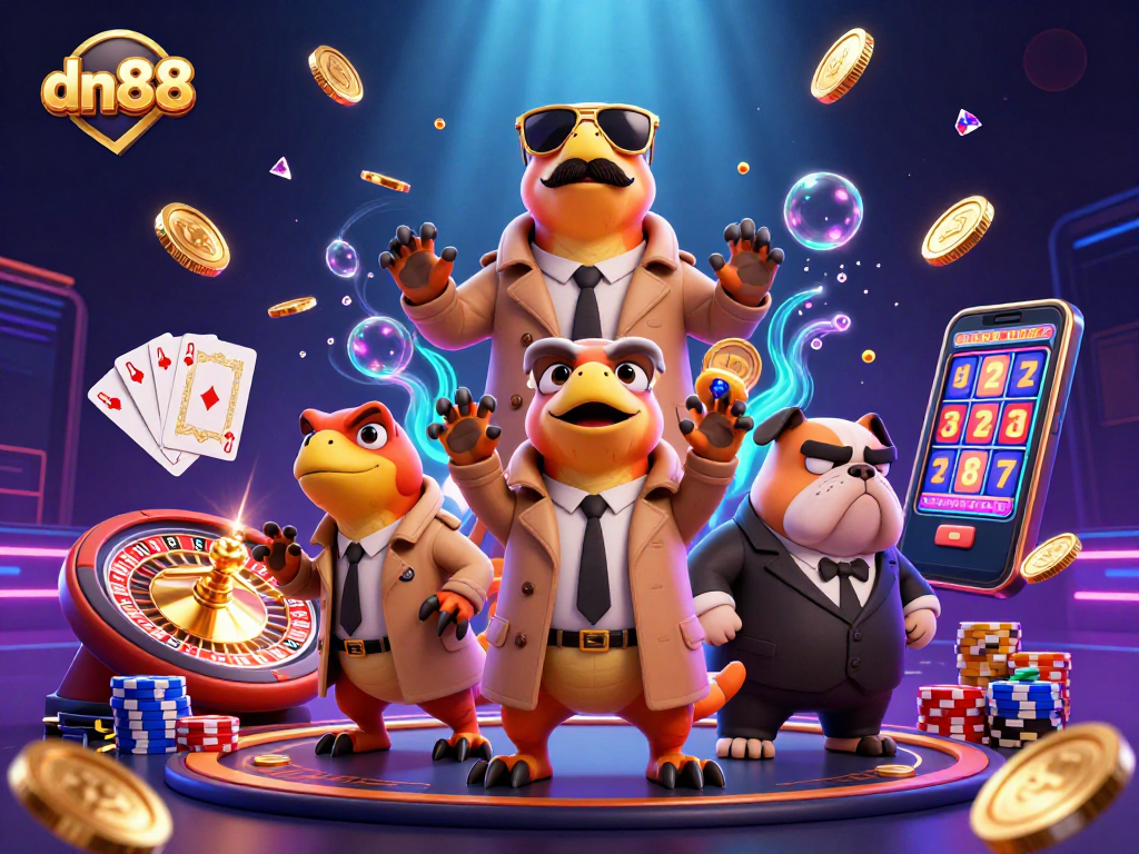 Experience the excitement of dn88 with raptors in a trench coat entering a VIP lounge, surrounded by casino riches.