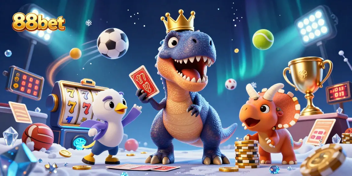 Engage with thrilling 88bet slots while a T-Rex shuffles cards and a triceratops stacks tokens.