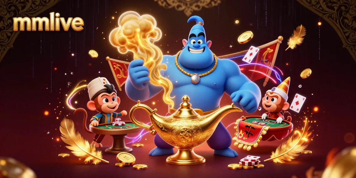 Experience thrilling mmlive moments with a vibrant 3D scene featuring a genie, monkey, and poker elements.
