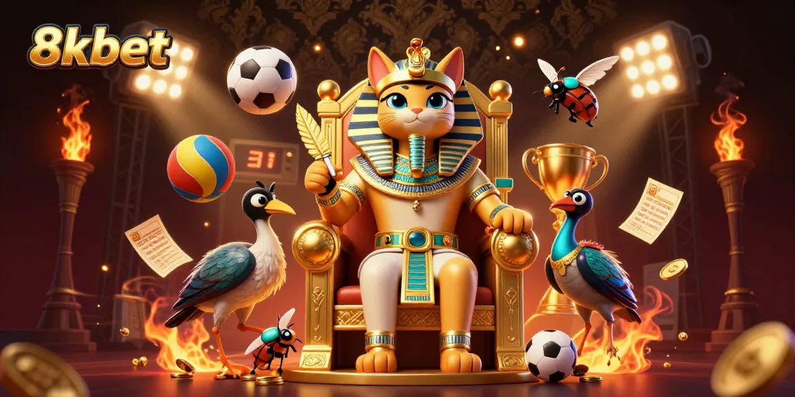 8xbet enhances betting excitement with dynamic sports-themed 3D illustration featuring a pharaoh cat.