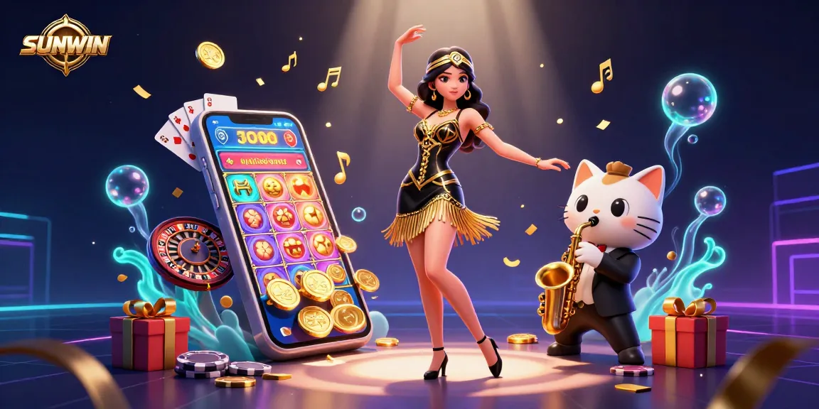 SUNWIN promotes an exciting gaming experience with vibrant characters and game elements in a lively casino setting.