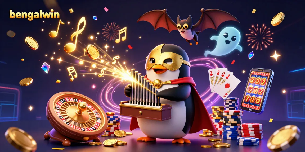 Bengalwin offers exciting gameplay with a phantom penguin and golden coins flying around in this lively casino scene.