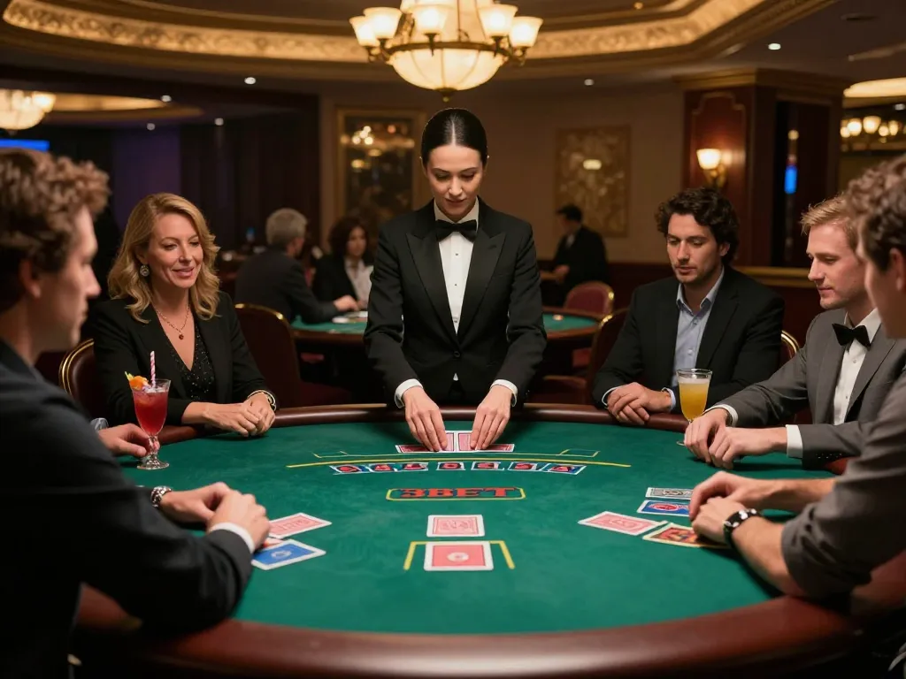 Players strategizing during an engaged blackjack game at 3BET casino table.