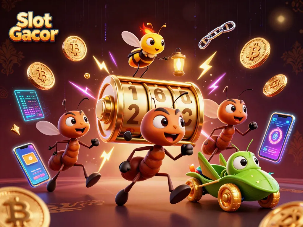 Menangkan permainan dengan Slot Gacor, ilustrasi tim semut membawa gulungan slot besar dalam suasana neon yang energik.