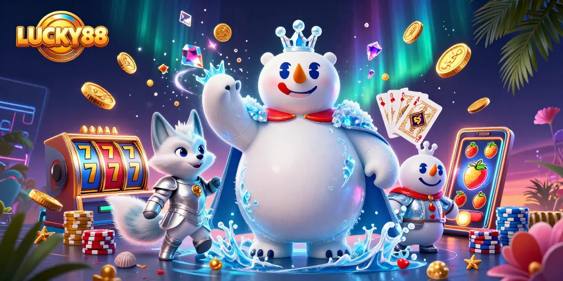 Spin the reels of LUCKY88 with vibrant 3D characters amid golden coins and poker chips.