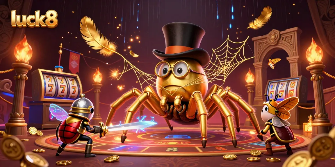 Experience thrilling gameplay with luck8, featuring a golden tarantula and beetle knight in a vibrant casino scene.