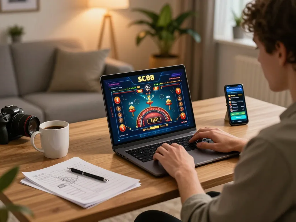Engaging in SC88 online gaming strategy at home with laptop and coffee