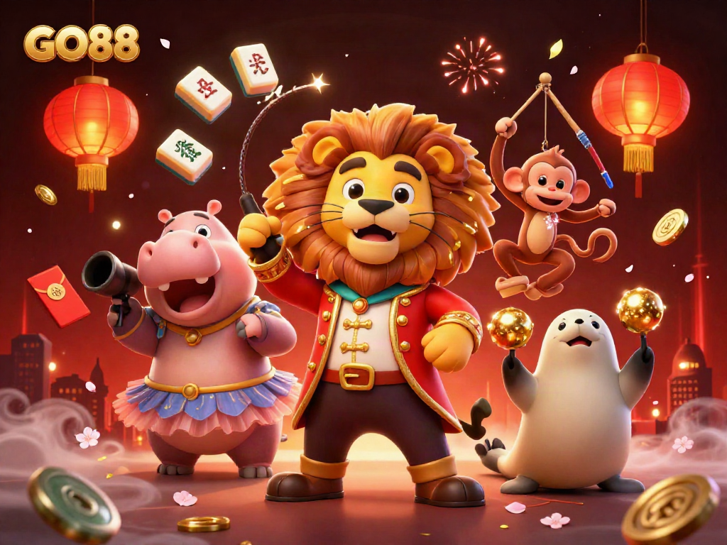 Experience GO88 with vibrant circus-themed casino illustrations, featuring dynamic game elements.