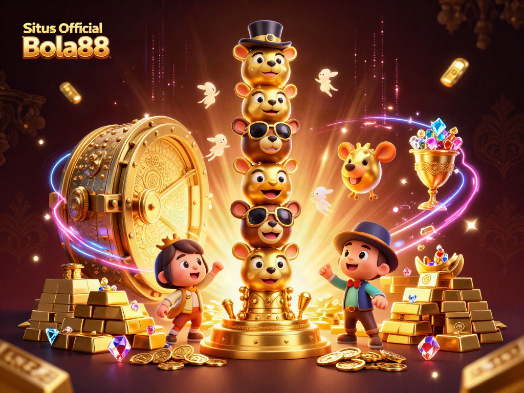 Situs Official Bola88 showcases a vibrant 3D golden totem pole surrounded by treasure and casino elements.
