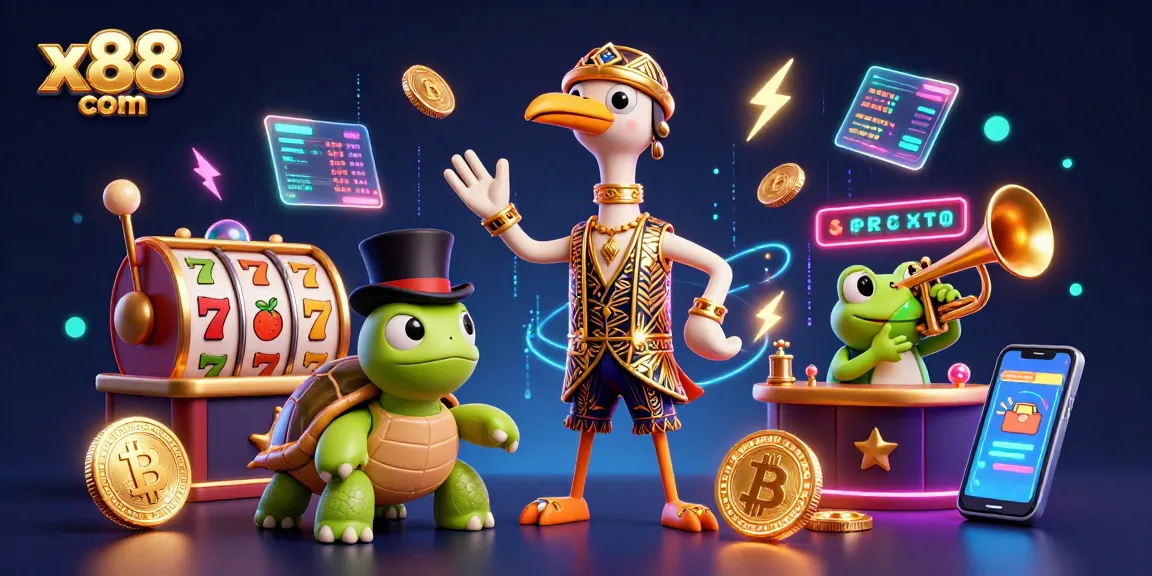 Spin the reels with excitement at x88 com, featuring vibrant slot game elements and cartoon characters.