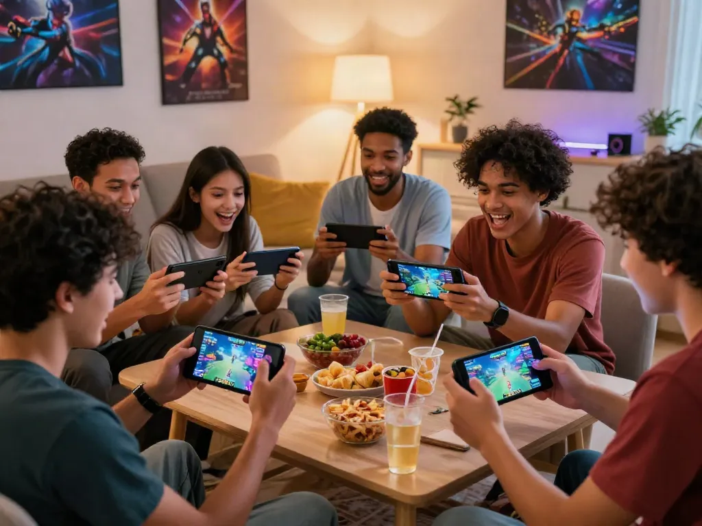 Friends engaging with the ORION88 APK in a cozy setting, showcasing gaming excitement.