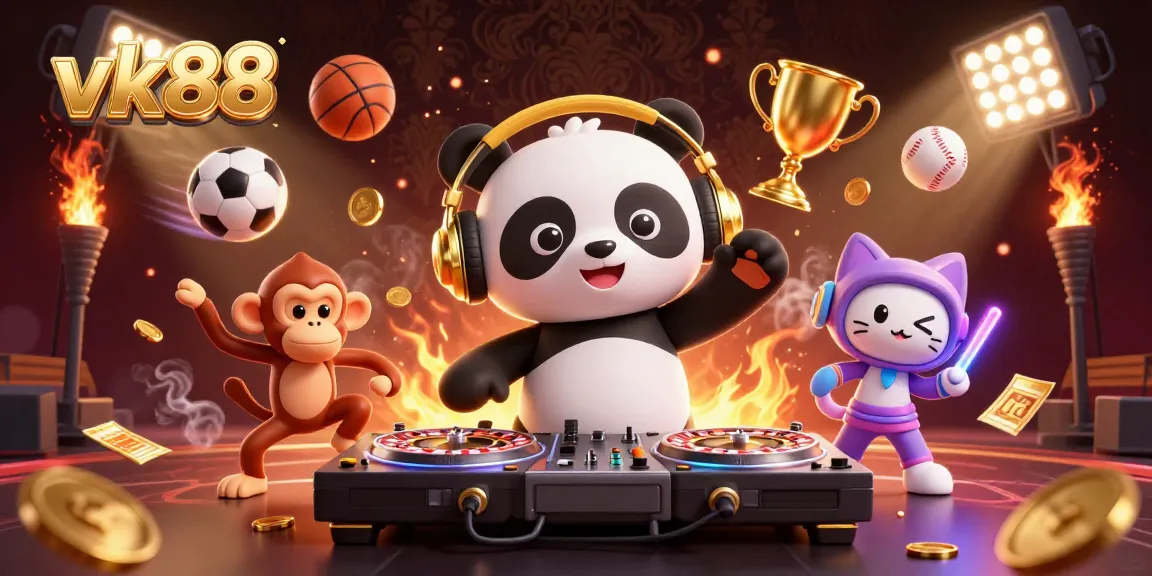 Experience thrilling sports betting action with vk88, featuring a DJ panda, breakdancing monkey, and glow-stick kitten.