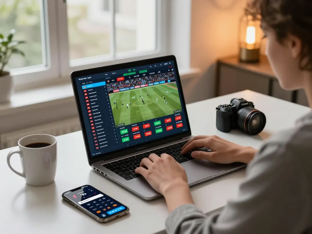 Person engaging in live sports betting on the debet platform with laptop and phone in modern home office.