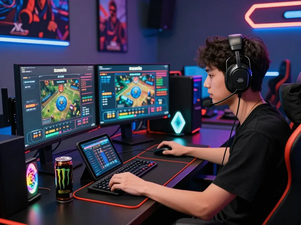 Engaged user on Sunwin platform, betting on dual monitors in a vibrant gaming room.