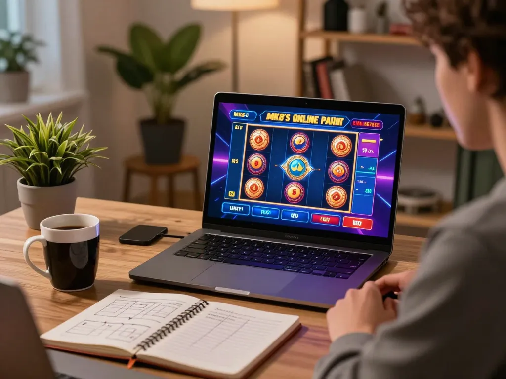 Player enjoying MK8 online slots in a cozy home office setup, laptop displaying vibrant game interface.