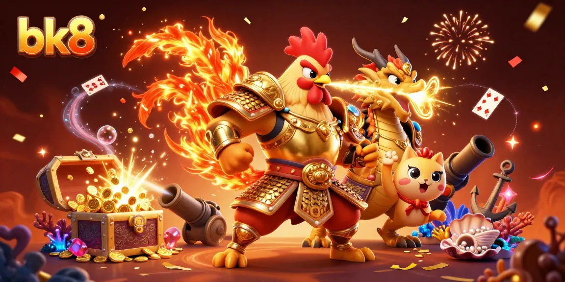 Engage with BK8's vibrant gaming scene featuring battle-ready characters amidst riches and celebration.